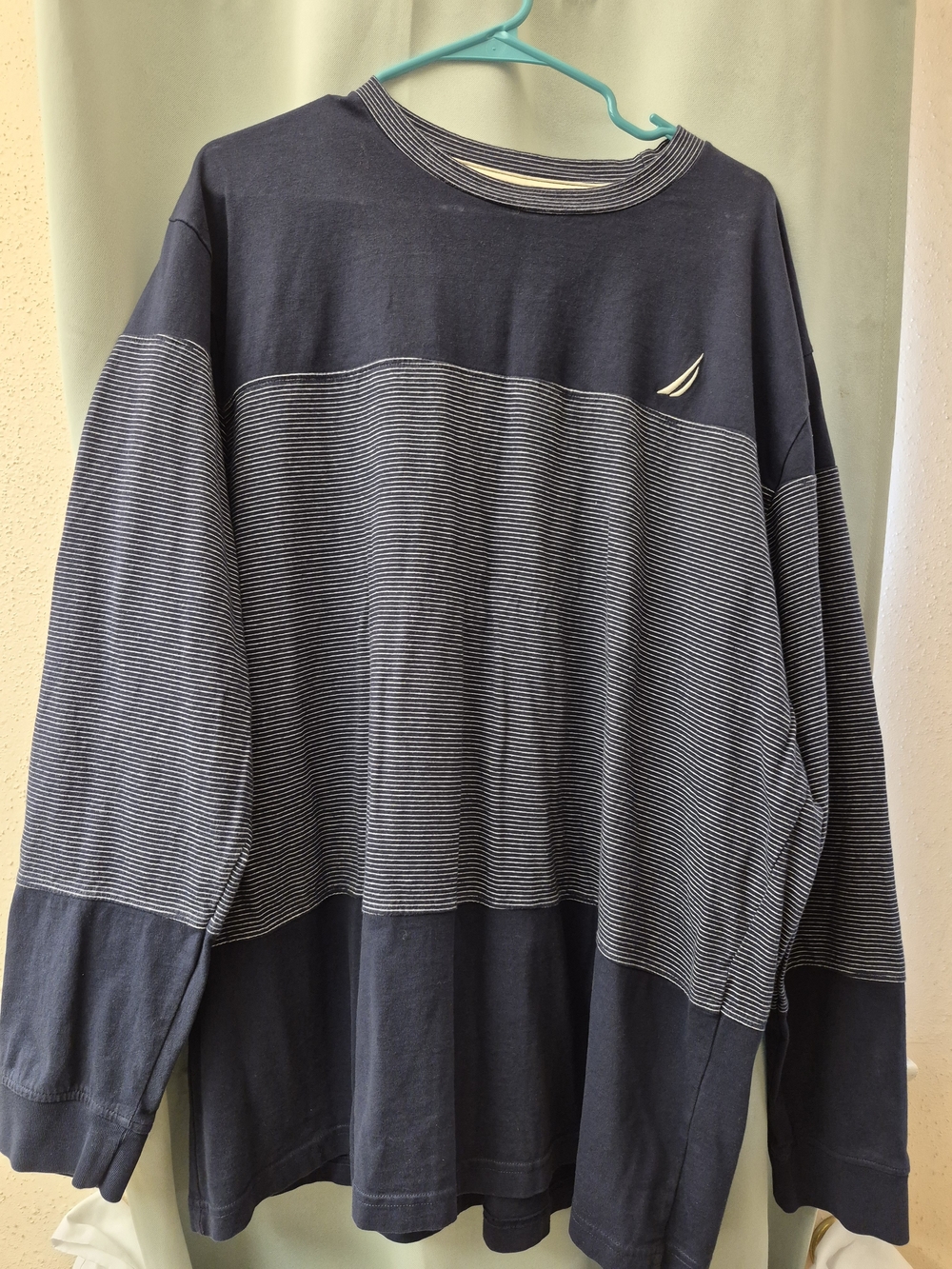 Nautica Navy and White Striped Long Sleeve Crew Shirt